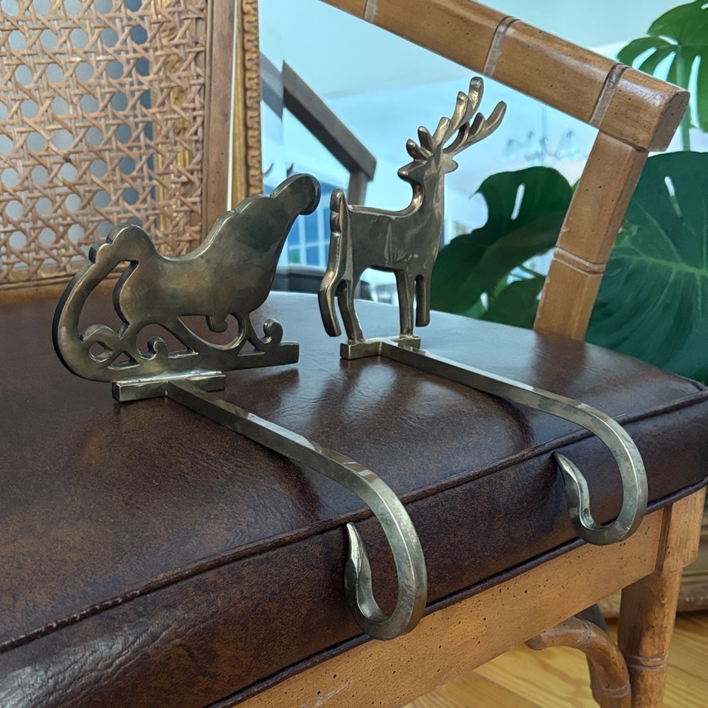 2 Vintage solid Brass Reindeer and Sleigh Stocking Holders